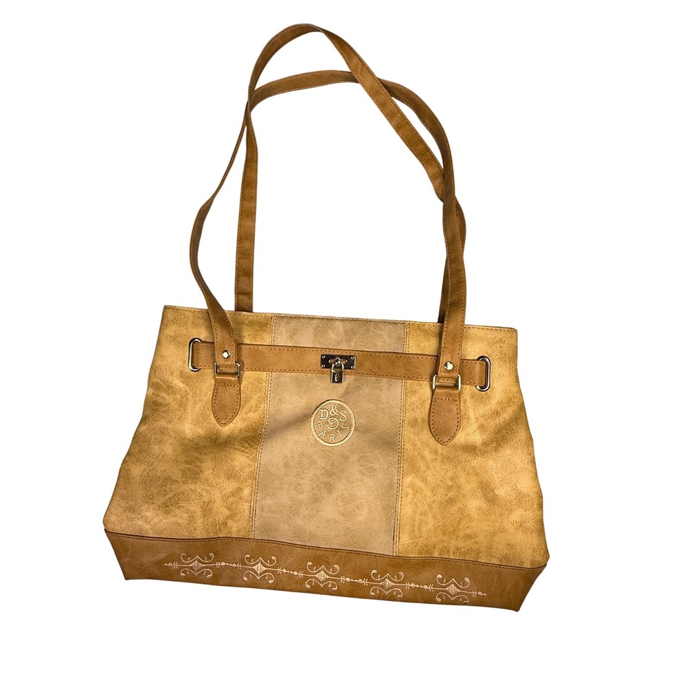 D&S Paris Womens Tan Faux Leather Shoulder Bag Embroidered Tote Tan Cream